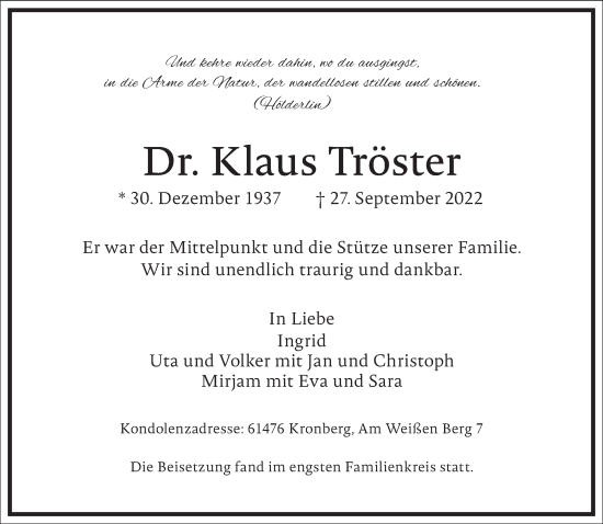 Traueranzeige von Klaus Tröster von Frankfurter Allgemeine Zeitung