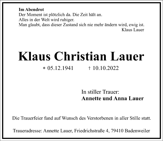 Traueranzeige von Klaus Christian Lauer von Frankfurter Allgemeine Zeitung