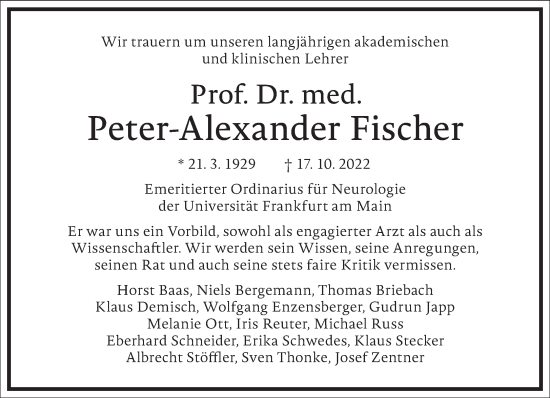 Traueranzeige von Peter-Alexander Fischer von Frankfurter Allgemeine Zeitung