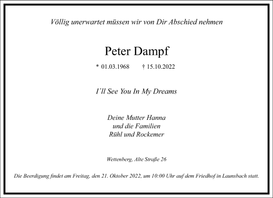 Traueranzeige von Peter Dampf von Frankfurter Allgemeine Zeitung