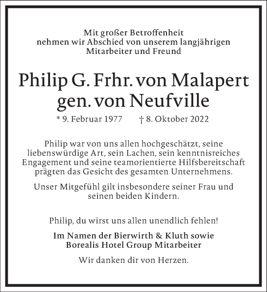 Traueranzeige von Philip von Malapert gen. von Neufville von Frankfurter Allgemeine Zeitung