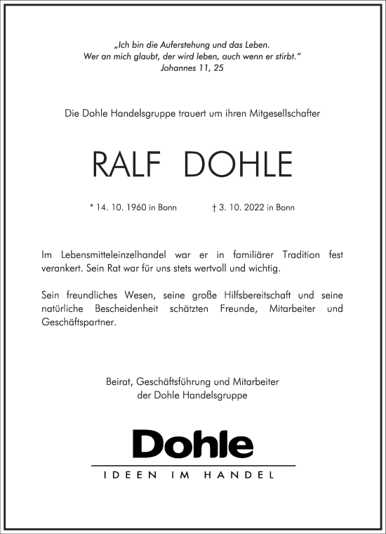 Traueranzeige von Ralf Dohle von Frankfurter Allgemeine Zeitung