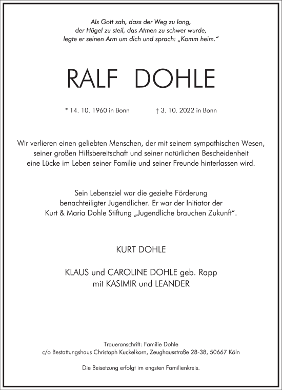 Traueranzeige von Ralf Dohle von Frankfurter Allgemeine Zeitung