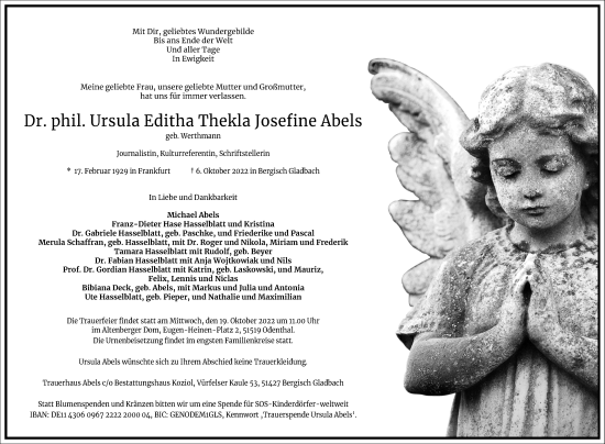 Traueranzeige von Ursula Editha Thekla Josefine Abels von Frankfurter Allgemeine Zeitung