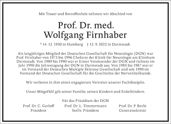 Traueranzeige von Wolfgang Firnhaber von Frankfurter Allgemeine Zeitung