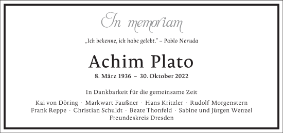 Traueranzeige von Achim Plato von Frankfurter Allgemeine Zeitung