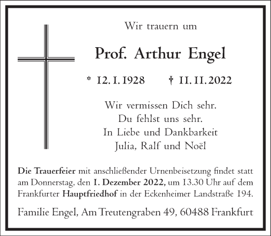 Traueranzeige von Arthur Engel von Frankfurter Allgemeine Zeitung