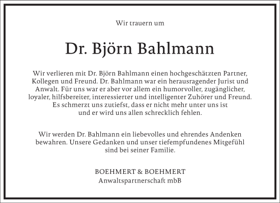 Traueranzeige von Björn Bahlmann von Frankfurter Allgemeine Zeitung