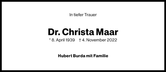 Traueranzeige von Christa Maar von Frankfurter Allgemeine Zeitung