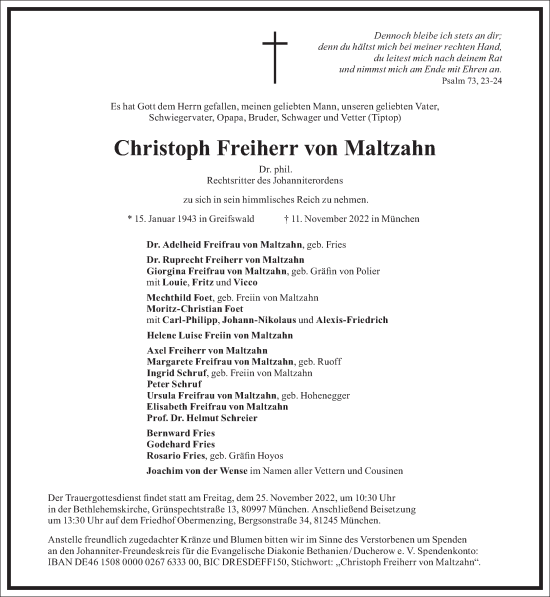 Traueranzeige von Christoph Freiherr von Maltzahn von Frankfurter Allgemeine Zeitung