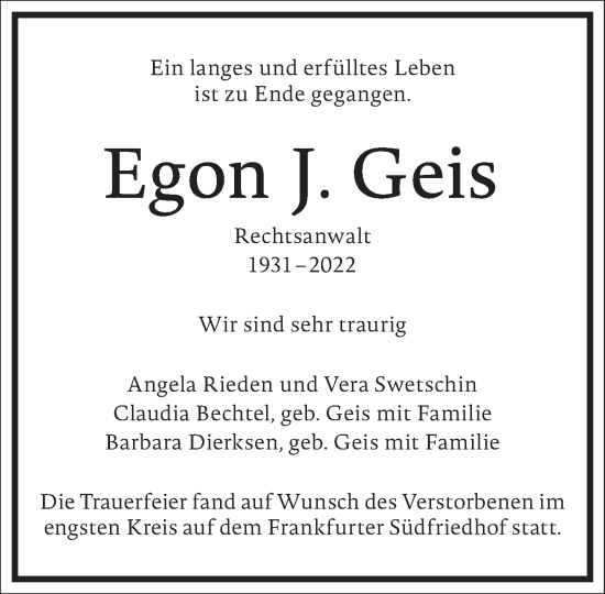 Traueranzeige von Egon J. Geis von Frankfurter Allgemeine Zeitung