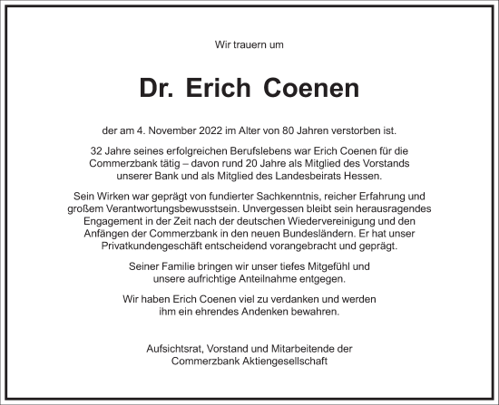 Traueranzeige von Erich Coenen von Frankfurter Allgemeine Zeitung