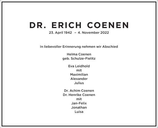 Traueranzeige von Erich Coenen von Frankfurter Allgemeine Zeitung