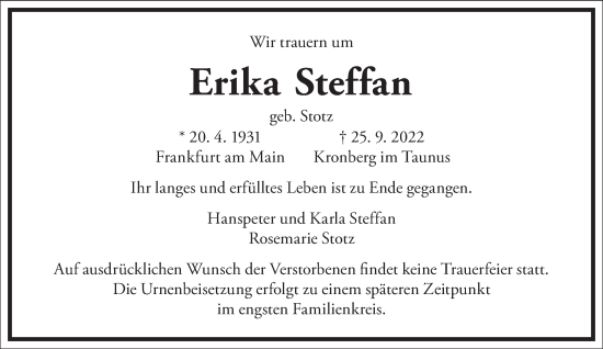 Traueranzeige von Erika Steffan von Frankfurter Allgemeine Zeitung