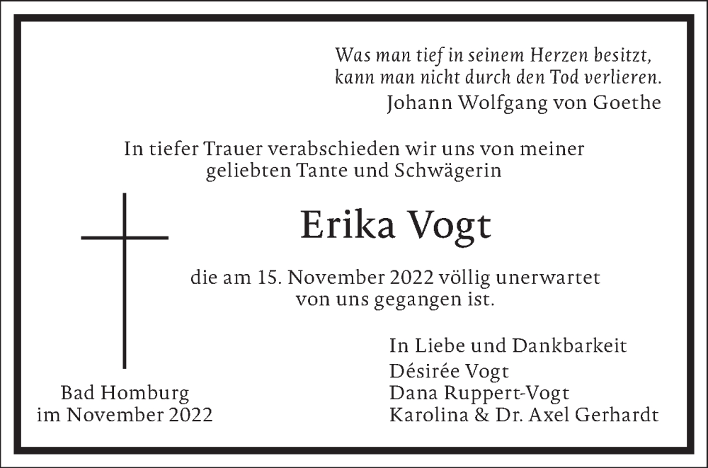  Traueranzeige für Erika Vogt vom 19.11.2022 aus Frankfurter Allgemeine Zeitung