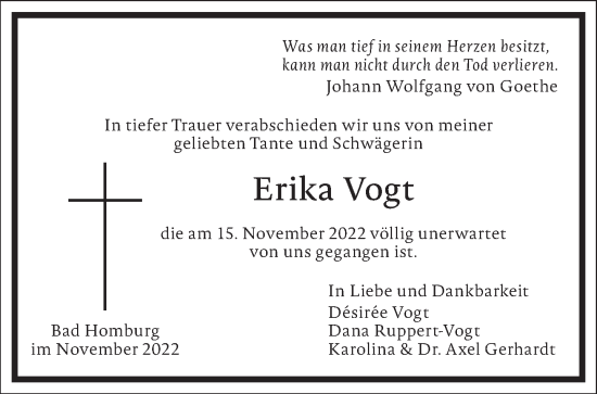 Traueranzeige von Erika Vogt von Frankfurter Allgemeine Zeitung