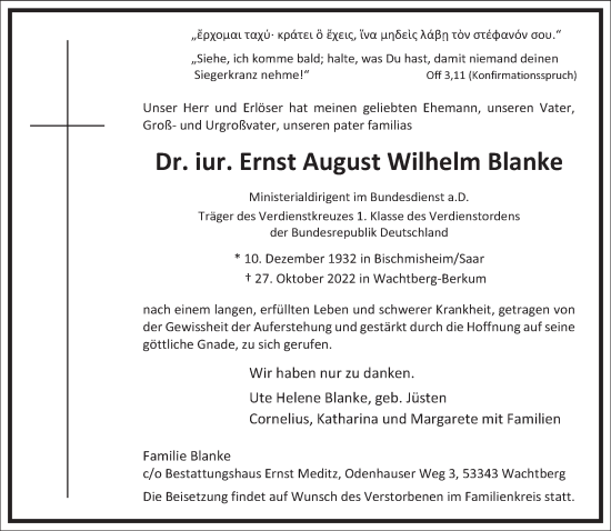 Traueranzeige von Ernst August Blanke von Frankfurter Allgemeine Zeitung