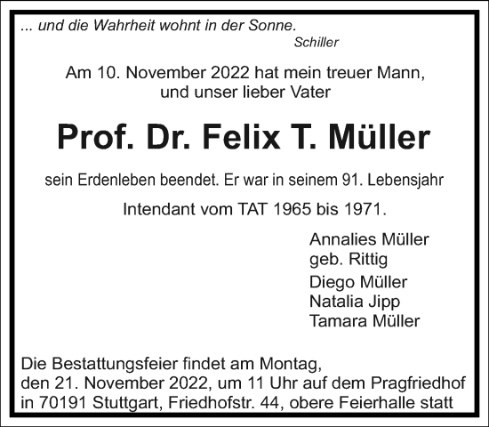 Traueranzeige von Felix T. Müller von Frankfurter Allgemeine Zeitung