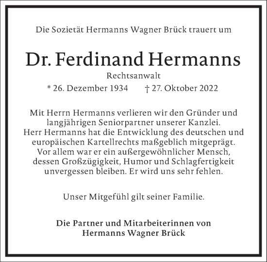 Traueranzeige von Ferdinand Hermanns von Frankfurter Allgemeine Zeitung
