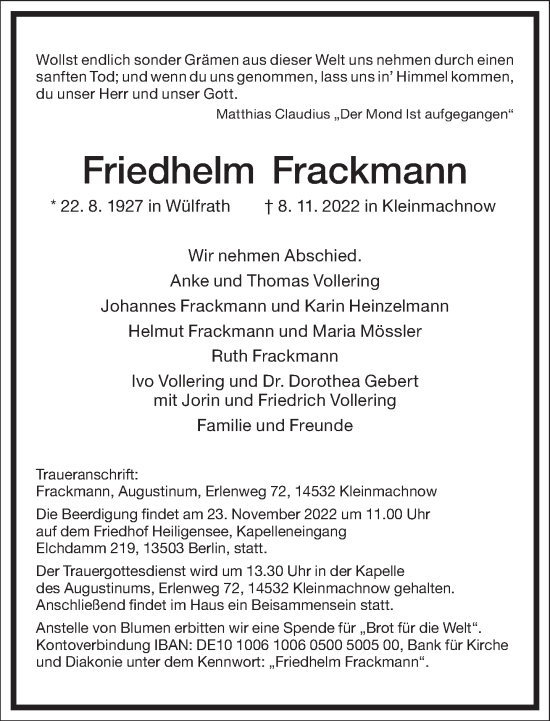 Traueranzeige von Friedhelm Frackmann von Frankfurter Allgemeine Zeitung