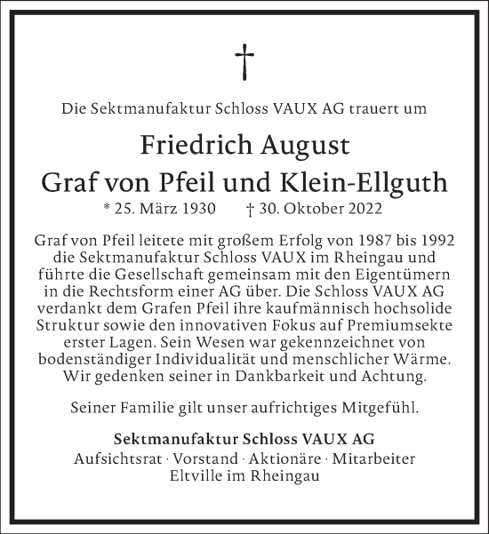 Traueranzeige von Friedrich August vGraf von Pfeil und Klein-Ellguth von Frankfurter Allgemeine Zeitung