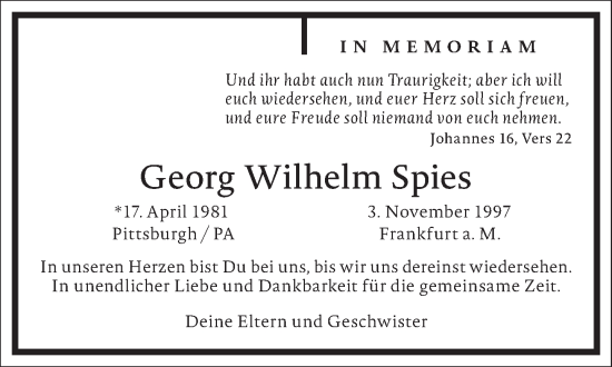 Traueranzeige von Georg Wilhelm Spies von Frankfurter Allgemeine Zeitung