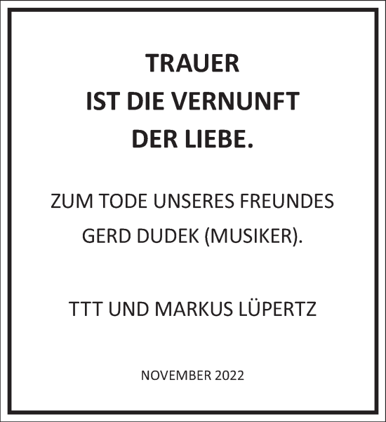 Traueranzeige von Gerd Dudek von Frankfurter Allgemeine Zeitung