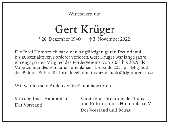 Traueranzeige von Gert Krüger von Frankfurter Allgemeine Zeitung