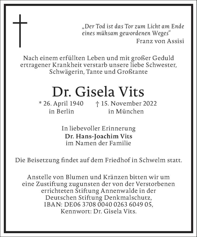  Traueranzeige für Gisela Vits vom 19.11.2022 aus Frankfurter Allgemeine Zeitung