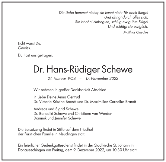Traueranzeige von Hans-Rüdiger Schewe von Frankfurter Allgemeine Zeitung