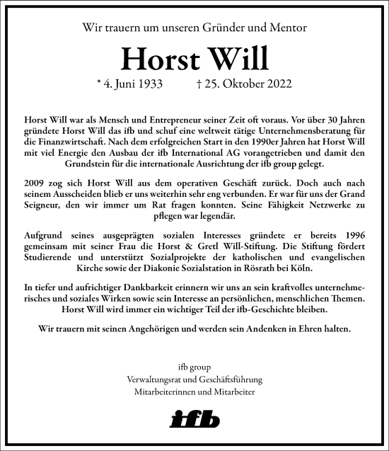Traueranzeige von Horst Will von Frankfurter Allgemeine Zeitung