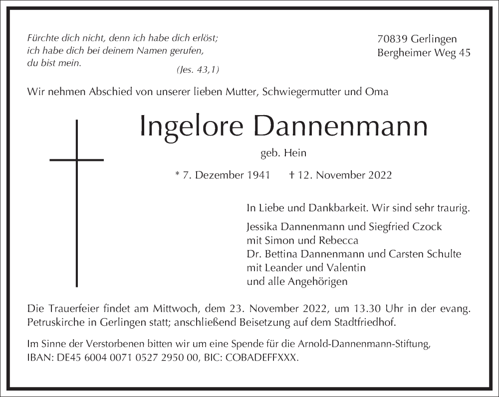  Traueranzeige für Ingelore Dannenmann vom 17.11.2022 aus Frankfurter Allgemeine Zeitung