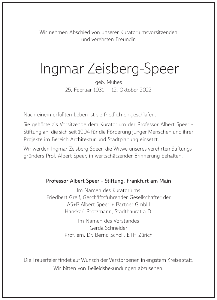  Traueranzeige für Ingmar Zeisberg-Speer vom 19.11.2022 aus Frankfurter Allgemeine Zeitung