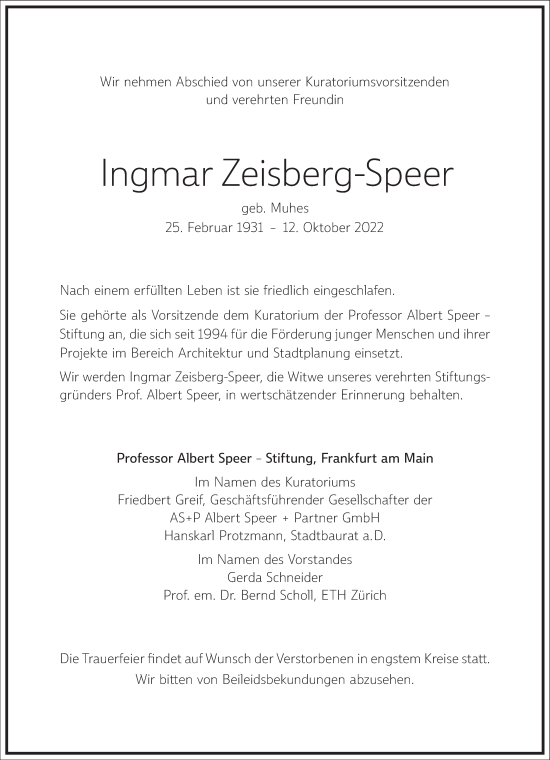 Traueranzeige von Ingmar Zeisberg-Speer von Frankfurter Allgemeine Zeitung