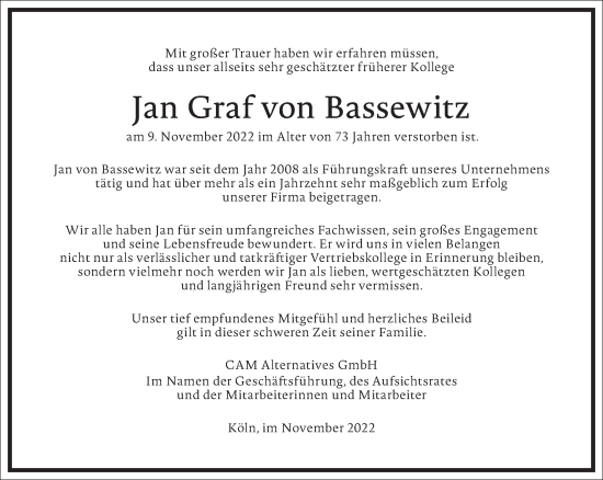 Traueranzeige von Jan Graf von Bassewitz von Frankfurter Allgemeine Zeitung