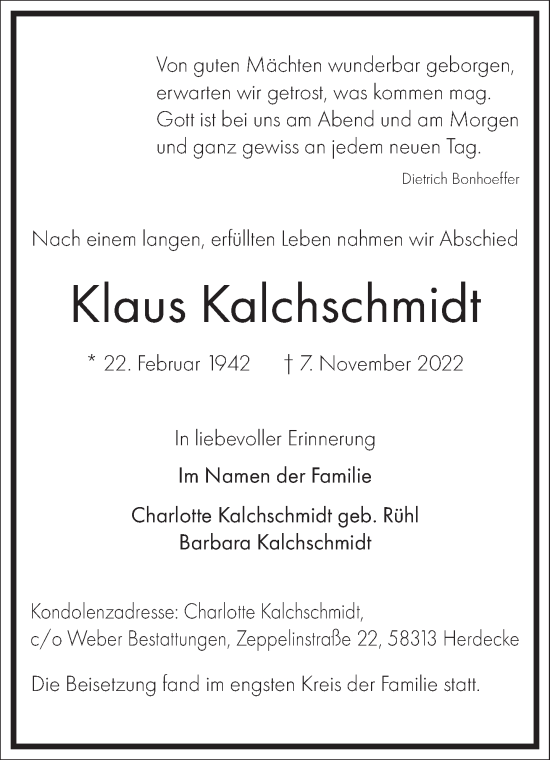 Traueranzeige von Klaus Kalchschmidt von Frankfurter Allgemeine Zeitung