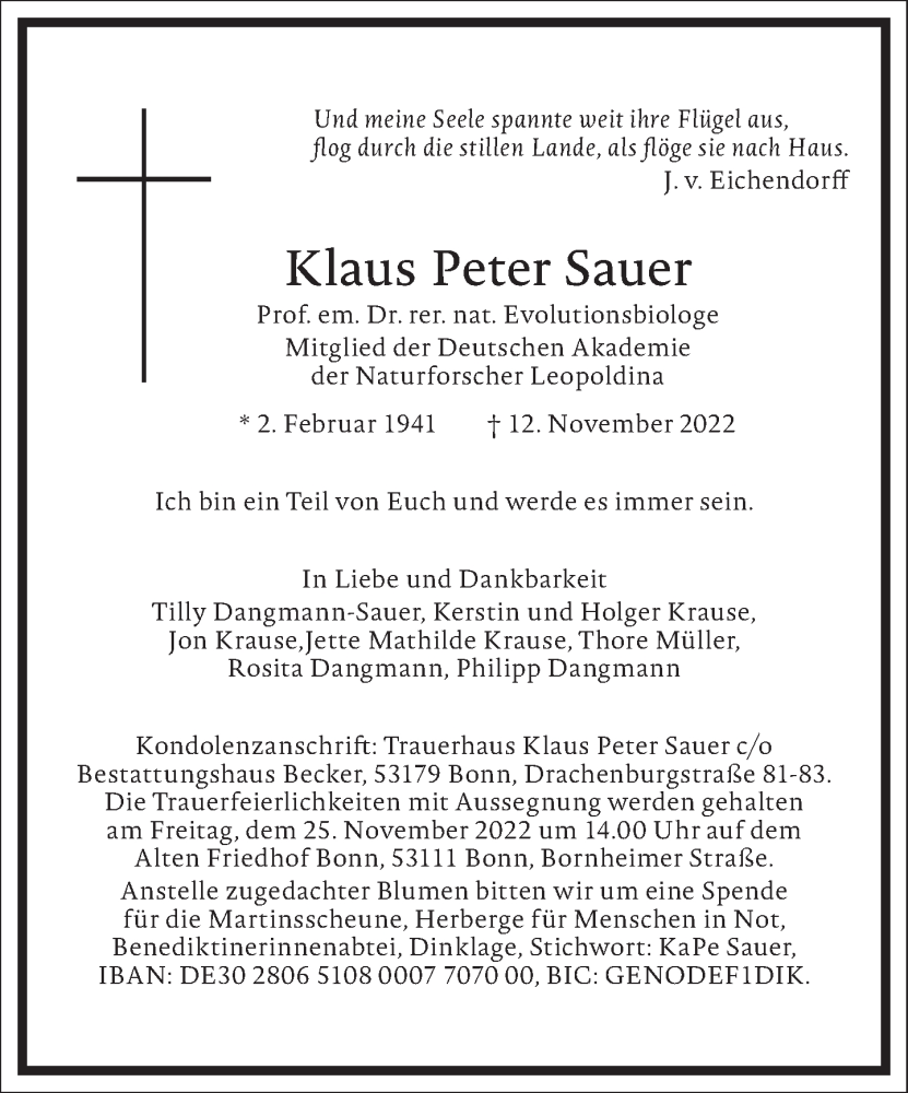  Traueranzeige für Klaus Peter Sauer vom 19.11.2022 aus Frankfurter Allgemeine Zeitung