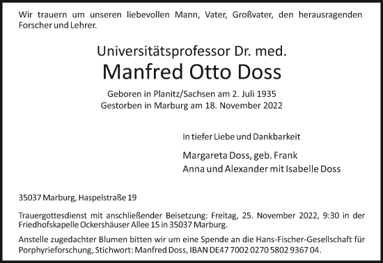 Traueranzeige von Manfred Otto Doss von Frankfurter Allgemeine Zeitung