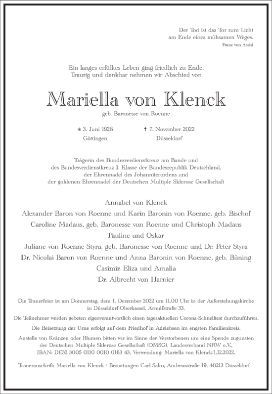 Traueranzeige von Mariella von Klenck von Frankfurter Allgemeine Zeitung