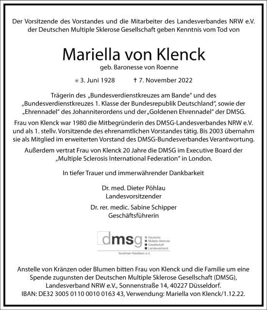 Traueranzeige von Mariella von Klenck von Frankfurter Allgemeine Zeitung