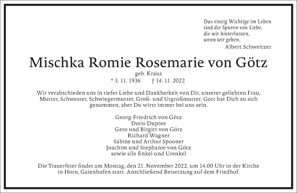  Traueranzeige für Mischka Romie Rosemarie von Götz vom 19.11.2022 aus Frankfurter Allgemeine Zeitung