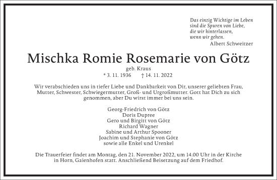 Traueranzeige von Mischka Romie Rosemarie von Götz von Frankfurter Allgemeine Zeitung