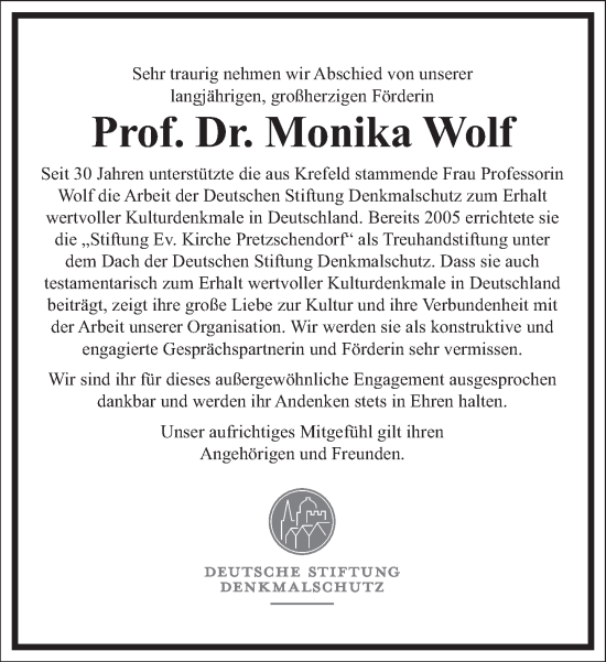 Traueranzeige von Monika Wolf von Frankfurter Allgemeine Zeitung