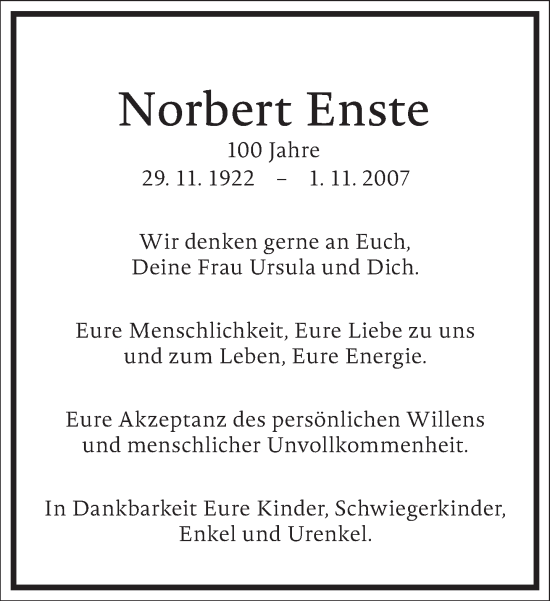 Traueranzeige von Norbert Enste von Frankfurter Allgemeine Zeitung