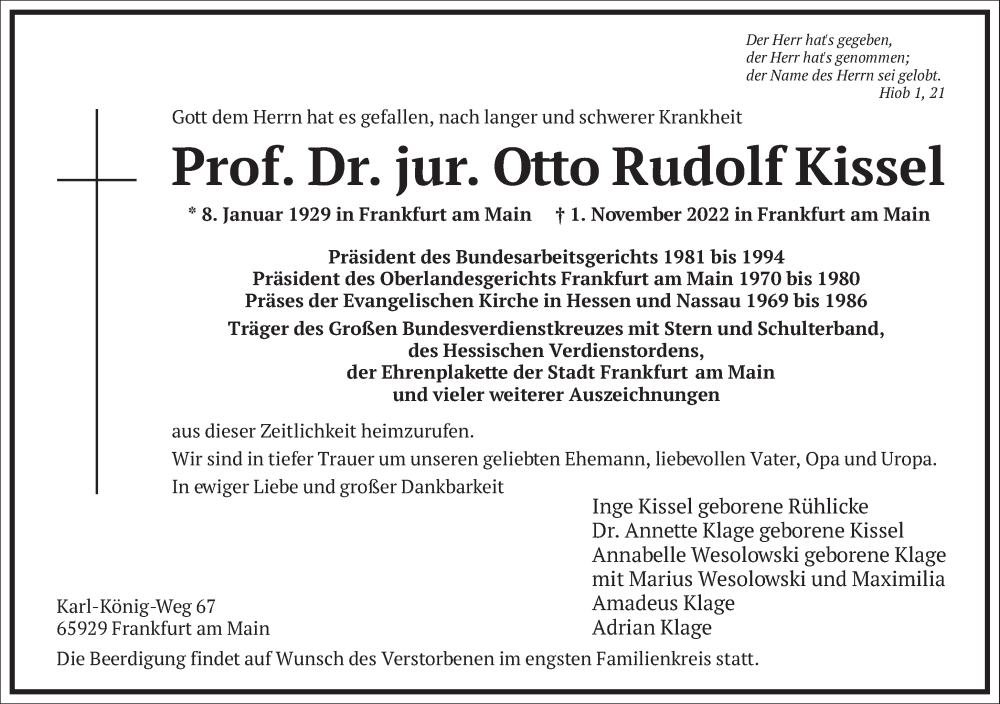  Traueranzeige für Otto Rudolf Kissel vom 12.11.2022 aus Frankfurter Allgemeine Zeitung