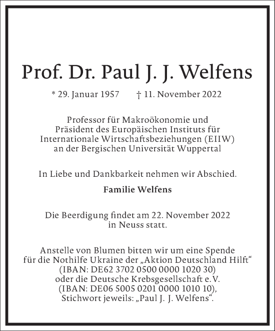 Traueranzeige von Paul J. J. Welfens von Frankfurter Allgemeine Zeitung