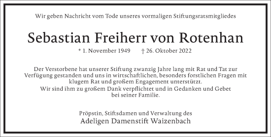 Traueranzeige von Sebastian Freiherr von Rotenhan von Frankfurter Allgemeine Zeitung