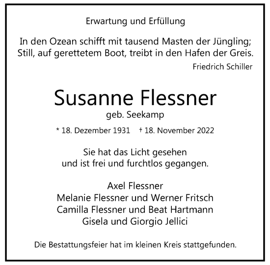 Traueranzeige von Susanne Flessner von Frankfurter Allgemeine Zeitung