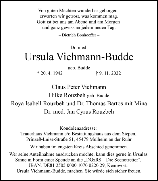 Traueranzeige von Ursula Viehmann-Budde von Frankfurter Allgemeine Zeitung