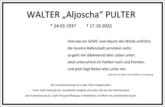 Traueranzeige von Walter Pulter von Frankfurter Allgemeine Zeitung